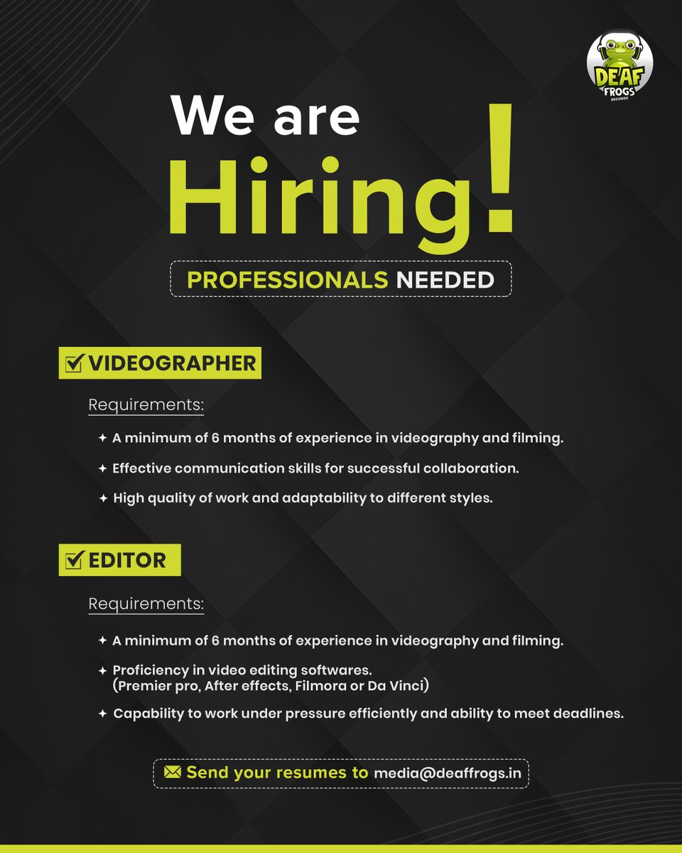 🎥 Join our team at Deaf Frogs! Seeking a talented videographer & editor for cinema, music, & documentary projects. If you're passionate about storytelling & skilled in editing, this is your chance to shine! Send resume to media@deaffrogs.in.#HiringNow #DeafFrogs