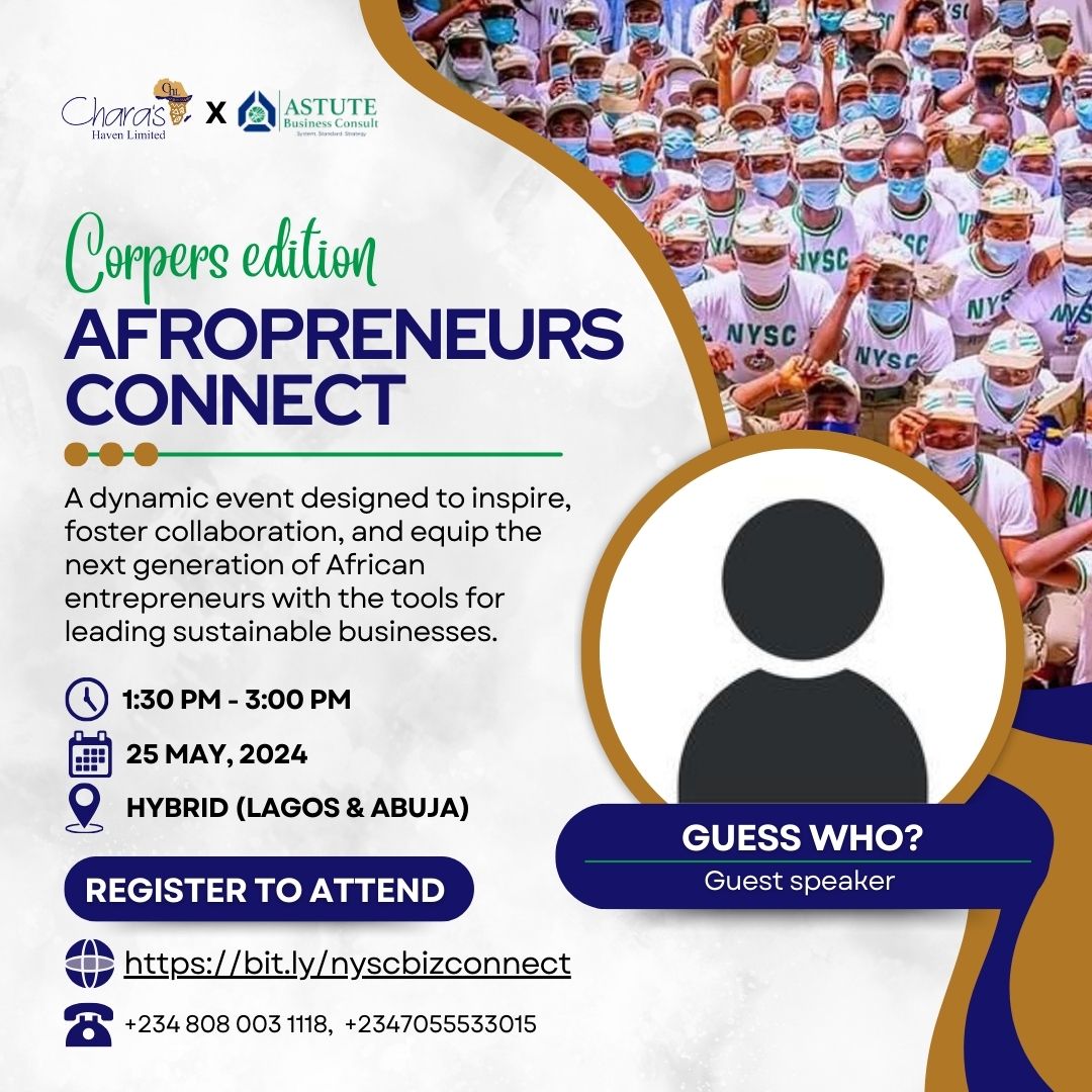 Do you improve your business processes? Join us for the Corpers edition of AFROPRENEURS CONNECT, a transformative event that's all about innovation, and sustainable business leadership. 🌍

🔗Secure your spot today at bit.ly/nyscbizconnect

#Afropreneurs
#Afrochamps
#CHLAfrica