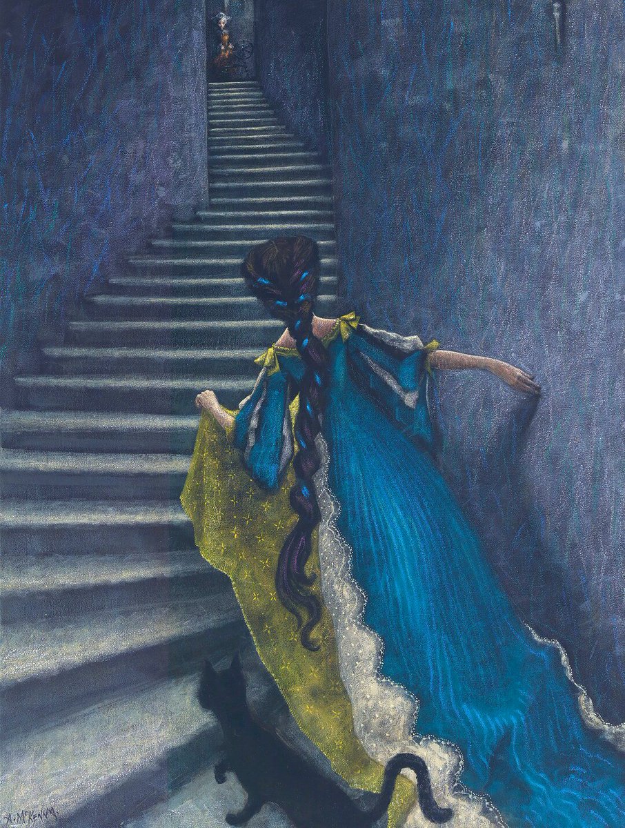 My Soul. I summon to the winding ancient stair..Who can distinguish darkness from the soul?.. And what's the good of an escape? 📘The Winding Stair, 1929 ܫ 🖊️W.B. Yeats (Irish Poet) ܫ 🖼️She Happens On a Winding Staircase ܫ 🎨Ann McKenna (Irish Artist) ܫ #bluecaturdayᓚᘏᗢ