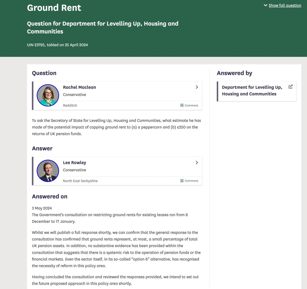 Peppercorn ground rents after all? Leasehold is an emotional rollercoaster. But this looks like some positive news to start the Bank holiday weekend. Thanks @redditchrachel. We reserve our judgment until the full announcement is made. questions-statements.parliament.uk/written-questi…