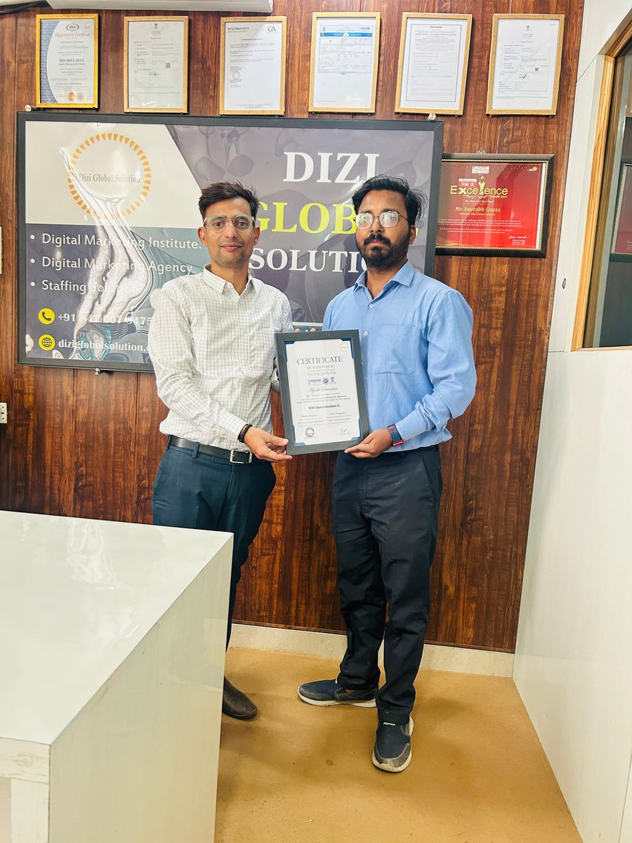 𝐂𝐨𝐧𝐠𝐫𝐚𝐭𝐮𝐥𝐚𝐭𝐢𝐨𝐧𝐬, Ayush Srivastava, on successfully completing the Digital Marketing Course with flying colors! Your dedication and hard work have paid off.
.
+91-8470079475 | +91-7380301313  diziglobalsolution.com
. 
#DiziGlobalSolution #DigitalMarketingSuccess