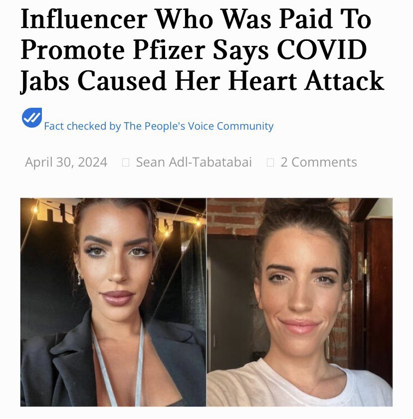 💥Influencerin, die für Werbung für Pfizer bezahlt wurde, sagt, dass COVID-Impfungen ihren Herzinfarkt verursacht haben Eine 29-jährige Influencerin, die von Big Pharma dafür bezahlt wurde, in den sozialen Medien für die Covid-Spritzen zu werben, hat die experimentellen…