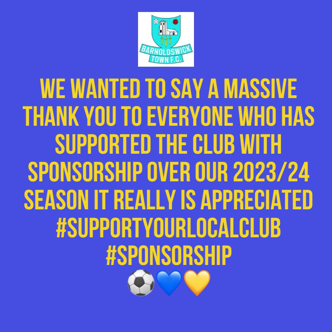 As our 2023/24 season comes to an end we wanted to take the time to say a massive thank you to all our sponsors who have supported us for another year it really is appreciated and we couldn’t do it without you all so thank you to you all ⚽️💙💛