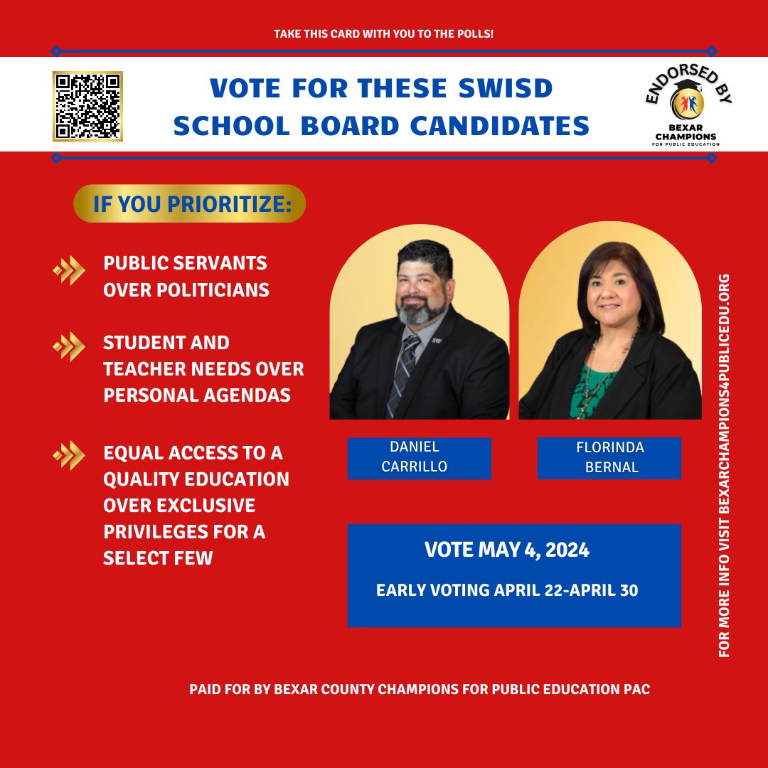 Today!!!!! It’s Election Day! Come out and vote for these people who love their schools and just want what’s best for the students and teachers. 
Vote 7am-7pm at any Bexar County voting location. See you at the polls!!!