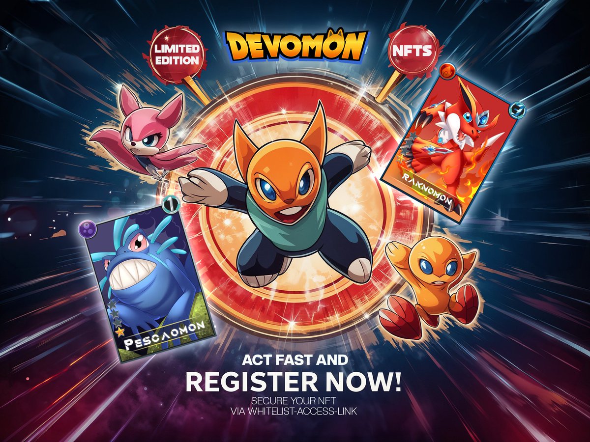 🚨 #Devomon NFTs are in limited supply! Secure your exclusive digital collectible now and unlock unique in-game benefits. Don’t miss out, quantities are limited! Register here: devomon.ink/1K-NFT-WL 🏃‍♂️💨 #Web3 #NFTs #GameFi