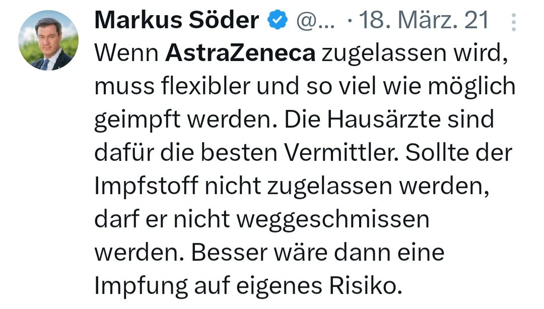 Markus #Soeder wollte den Impfstoff von #AstraZeneca selbst dann noch verimpfen, wenn er NICHT ZUGELASSEN wird.
Heute steht fest:
Die Folgeschäden von AstraZeneca sind immens!
Konsequenzen für Söder:
KEINE! 😖😤