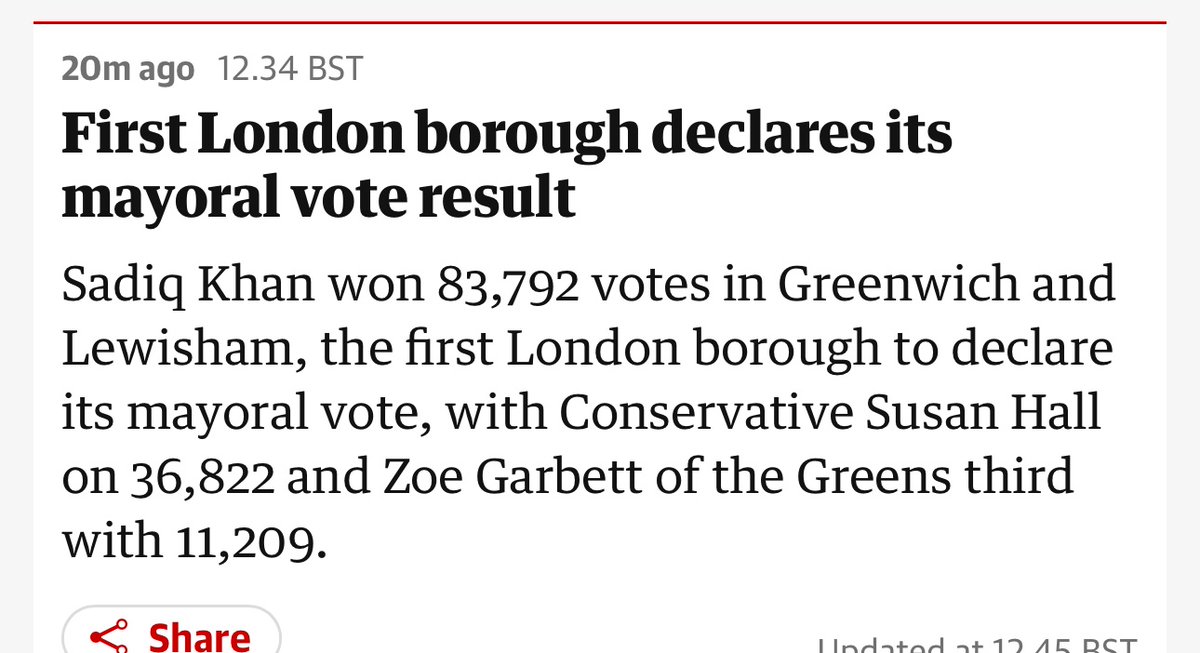 Sadiq Khan wins frkm Greenwich and Lewisham. #LondonMayorElections 
#LondonElections2024