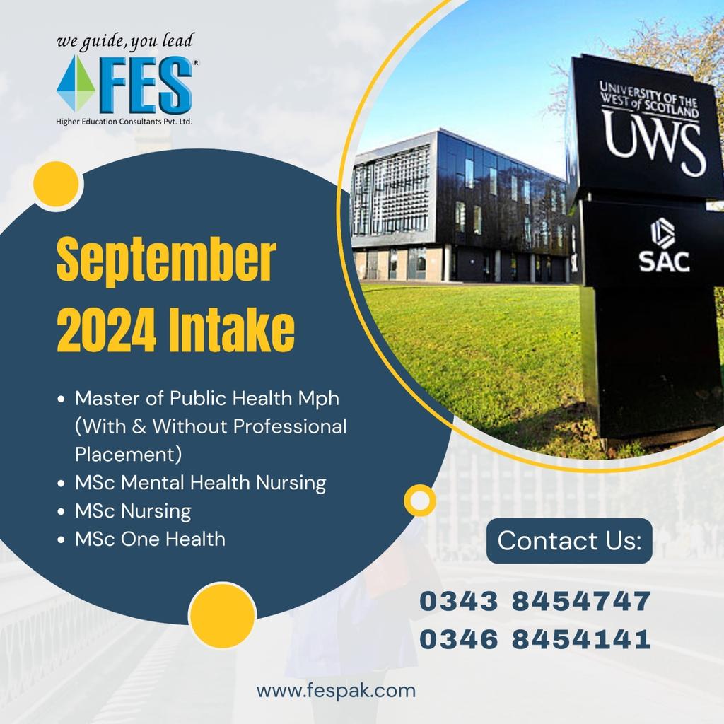 For More Info
0343 8454747/0346 8454141
We Guide You Lead
fespak.com
#fesconsultants #studyabroad #UK #studyinuk #UnitedKingdom #masters #September2024Intake #UWS #universityofthewestofscotland #ukstudyvisa #educationconsultant #UKeducation #careergoals #healthcare