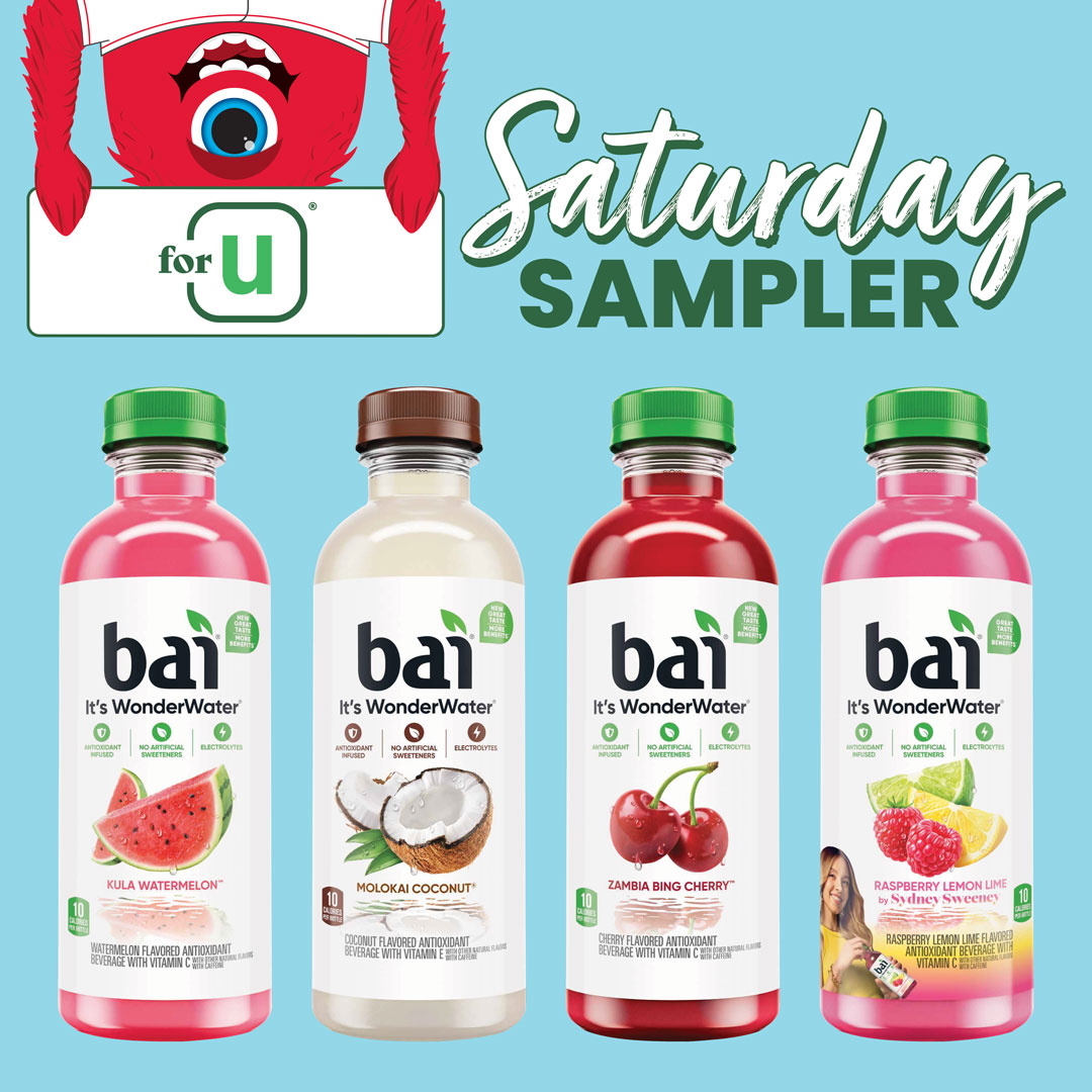Stop by our stores today for our Saturday Sampler! Clip the deal on your J4U app and grab a free bottle of Bai WonderWater 18 fl. oz. Limit 1.