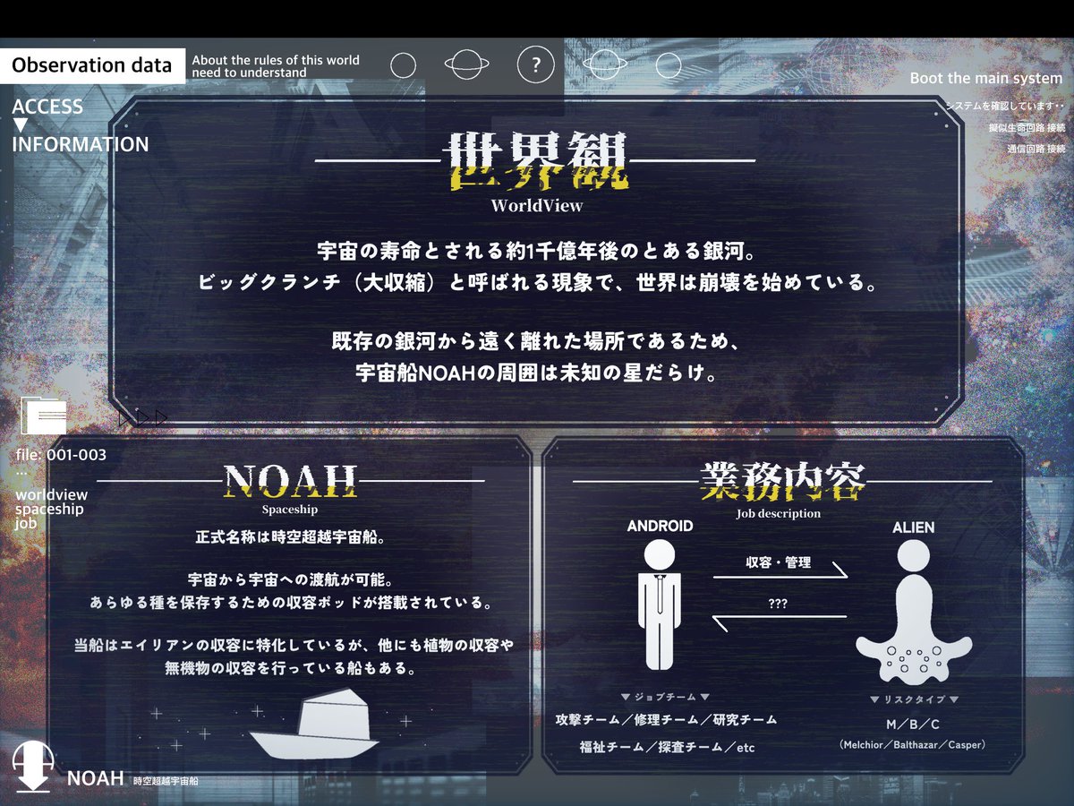 NOAH_unei's tweet photo. ⚠募集⚠

「滅びる宇宙を超え、次の宇宙に進むため＿＿
未知の生命を 収容・保護 せよ。」

━━━━━━━━━━━━━━━

【終末ＳＦ】×【収容】×【オリ棒企画】

𝗡𝗢𝗔𝗛

━━━━━━━━━━━━━━━

3L有 ロスト半不可
定期イベント制
本日出港いたします

#NOAH_公式 #オリ棒企画 https://t.co/FltCP3a5qH