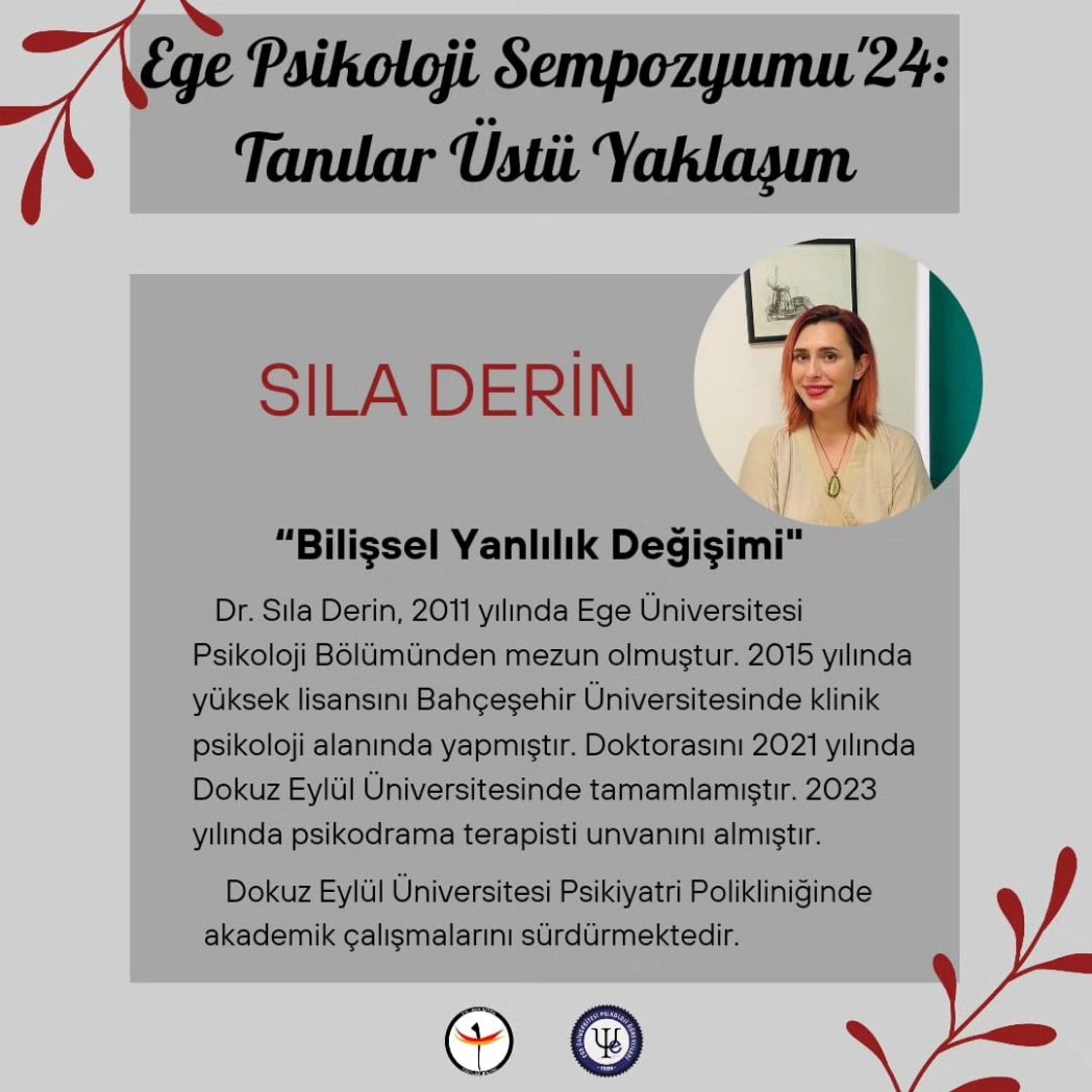 Ege Üniversitesi Psikoloji Öğrencileri Düzenleme Birimi'nden herkese merhaba! 💫

Psikoloji Sempozyumu ile karşınızdayız.
Sizi, Tanılar Üstü Psikoloji adlı kitabın değerli yazarlarının katkıları ve paylaşımlarıyla psikopatolojilere yeni bir bakış açısı kazanmak üzere +