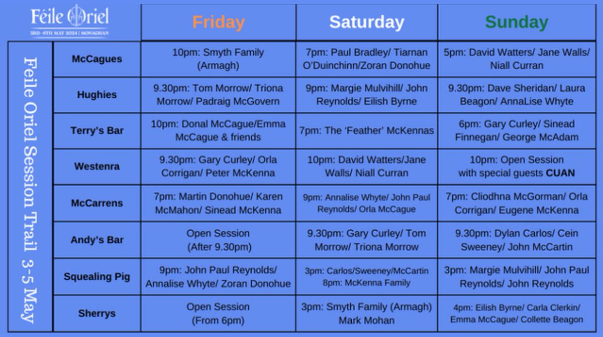 A packed schedule for Feile Oriel over the bank holiday weekend. 🎵🪕🎻✨ More details at buff.ly/3UwtpDs #LiveWorkVisitMonaghan @monaghantourism