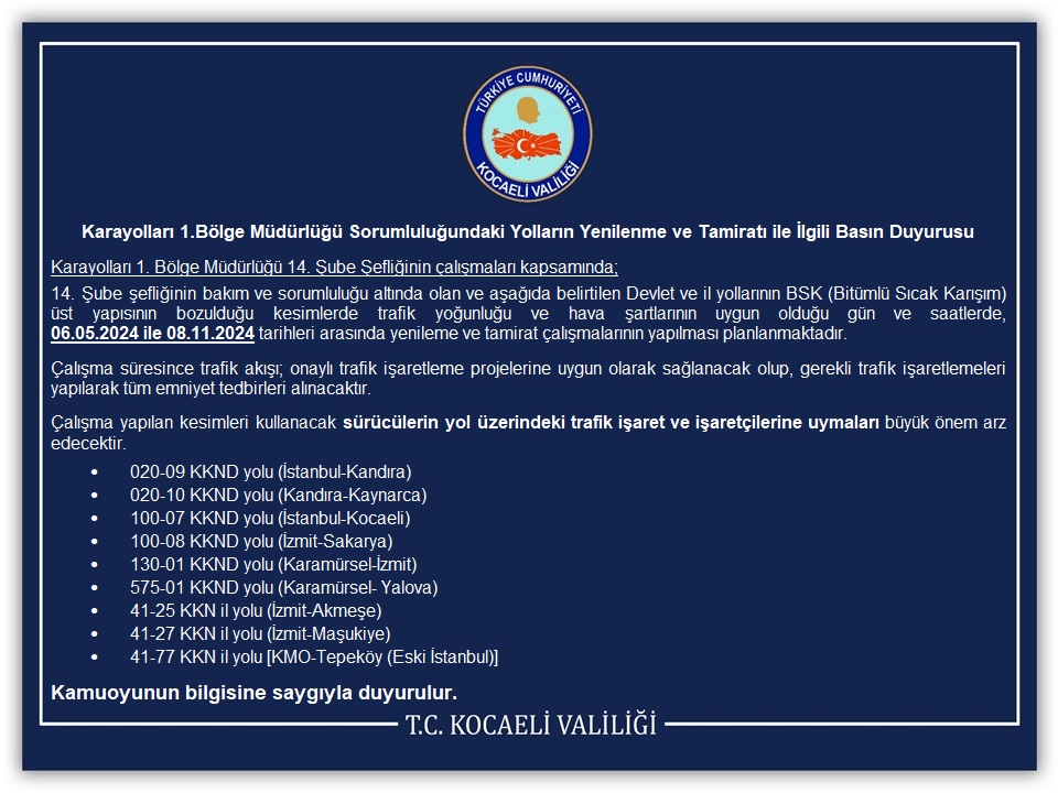 Karayolları 1.Bölge Müdürlüğü Sorumluluğundaki Yolların Yenilenme ve Tamiratı ile İlgili Basın Duyurusu @SeddarYavuz 🔽 kocaeli.gov.tr/karayollari-1b…