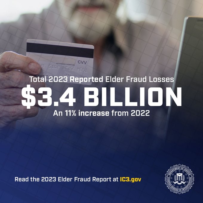 The latest IC3 report shows millions of older Americans are falling victim to elder fraud schemes every year. Read the 2023 Elder Fraud Report and learn how to protect yourself and your loved ones: ow.ly/I4sY50RvTO3 #FBI