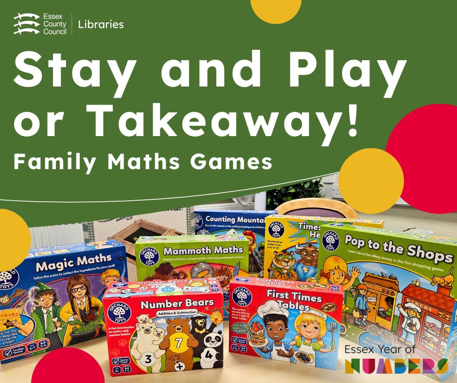 Have you heard about our new maths games? 🎲 Play in your local library, or take them home with you for some family fun that will boost your little one's number skills!🔢 Check out our selection and reserve a game here: libraries.essex.gov.uk/news/family-ma…