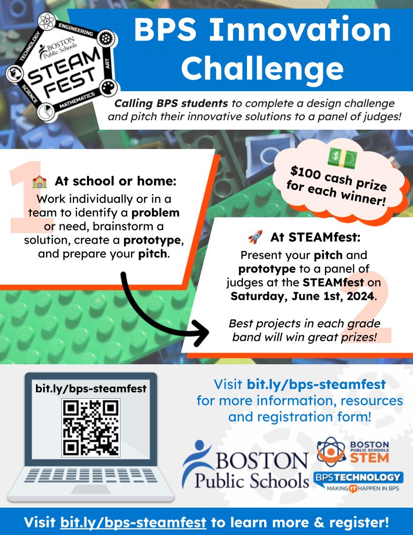Calling all @BostonSchools student innovators! Take part in the 2nd annual BPS Innovation Challenge on June 1 during STEAMfest! The Innovation Challenge is open to all BPS students. Scan the QR code for more information and to register. youtube.com/watch?v=FjGIOm…