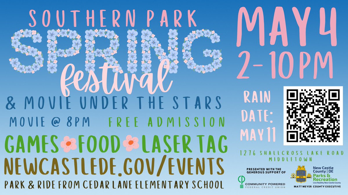 Today's the day! The weather's going to hold out for all of our fun daytime activities at the Southern Park Spring Festival, so stop by from 2-10pm. Please park at Cedar Lane Elementary & shuttle over from 1:45-10pm. #netde #nccde newcastlede.gov/2677/Southern-…
