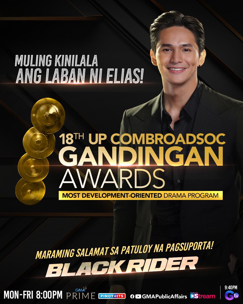 HARUROT PA, BLACK RIDER! 🏍️ Mga Kapuso, kinilala ang action-serye ng GMA Public Affairs na #BlackRider bilang 'Most Development-Oriented Drama Program' ng ‘The 18th UP ComBroadSoc’s Gandingan Awards 2024’. Ang karangalang ito ay alay namin sa inyo. Maraming salamat, mga Kapuso!