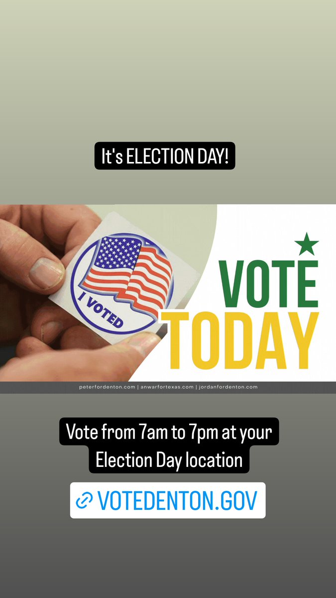 Vote TODAY until 7:00 PM!

jordanfordenton.com 
votedenton.gov
vote411.org