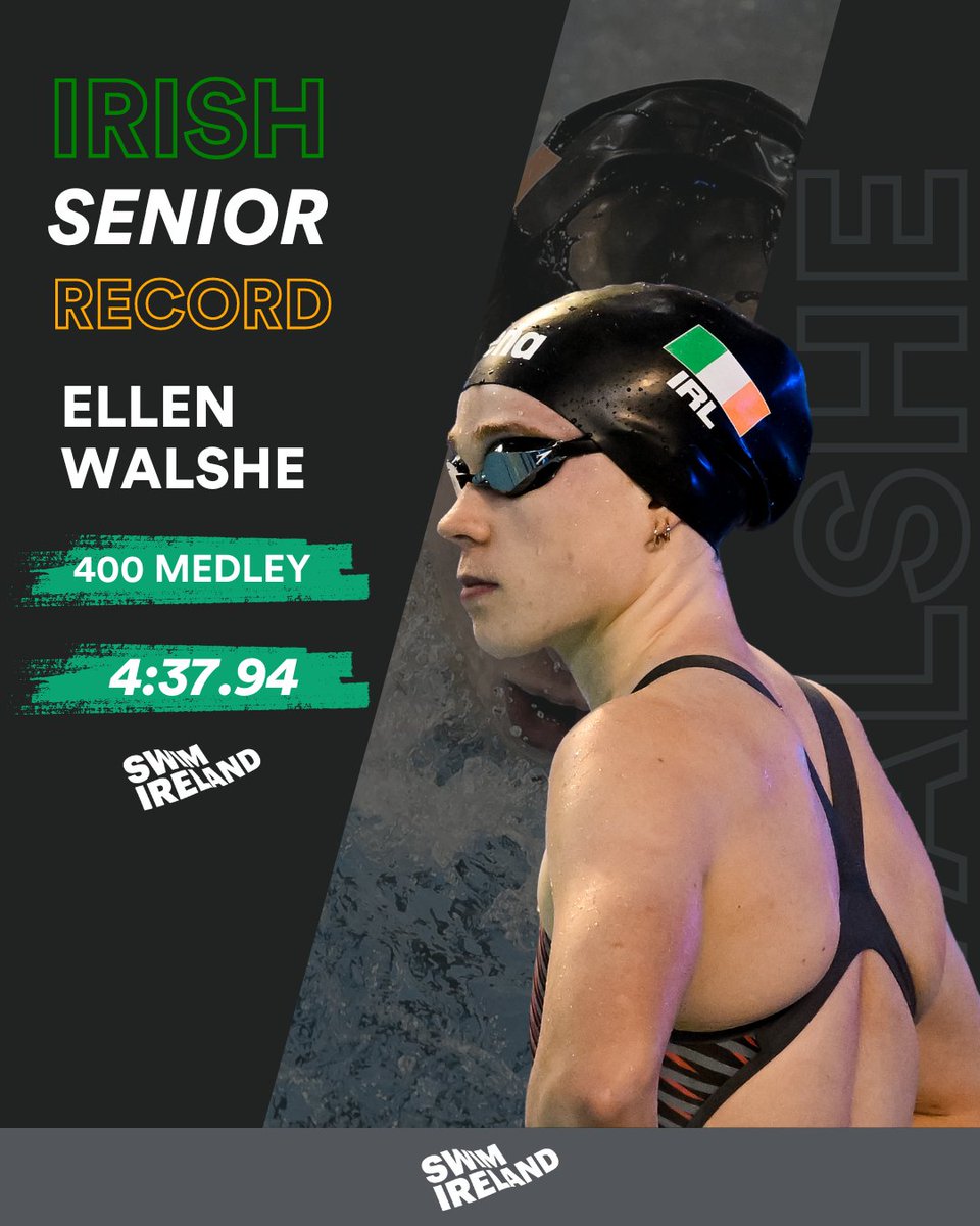 ‼️‼️ 𝗜𝗥𝗜𝗦𝗛 𝗥𝗘𝗖𝗢𝗥𝗗 𝗔𝗟𝗘𝗥𝗧 ‼️‼️ WHAT A SWIM! Templeogue's Ellen Walshe has smashed a 26 year old Irish Record at the Leinster Championships today. Walshe clocked 4:37.94, knocking over a second off the 1996 record of 4:39.18. Already qualified for the Paris Games…