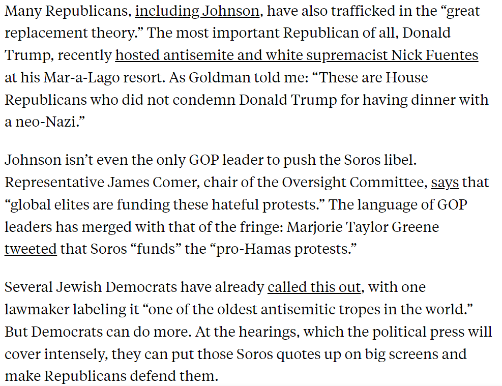 Mike Johnson, James Comer, and Marjorie Taylor Greene have all suggested George Soros and/or globalist elites are behind the protests. “These are House Republicans who did not condemn Trump for having dinner with a neo-Nazi,' @RepDanGoldman tells me. newrepublic.com/article/181295…