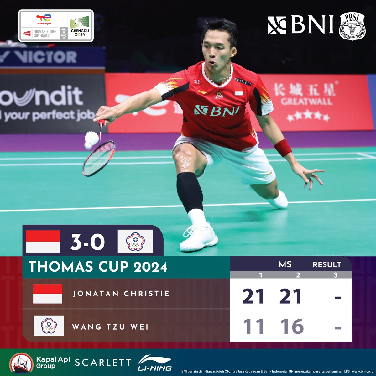 Jonatan Christie membantu Indonesia unggul 3-0 sekaligus mengunci kemenangan atas Chinese Taipei.

Jojo menyumbang poin setelah mengalahkan Wang Tzu Wei dua game langsung.

Hasil ini memastikan Indonesia ke final Piala Thomas 2024!💯🔥🇮🇩

#KitaIndonesia
#BadmintonIndonesia