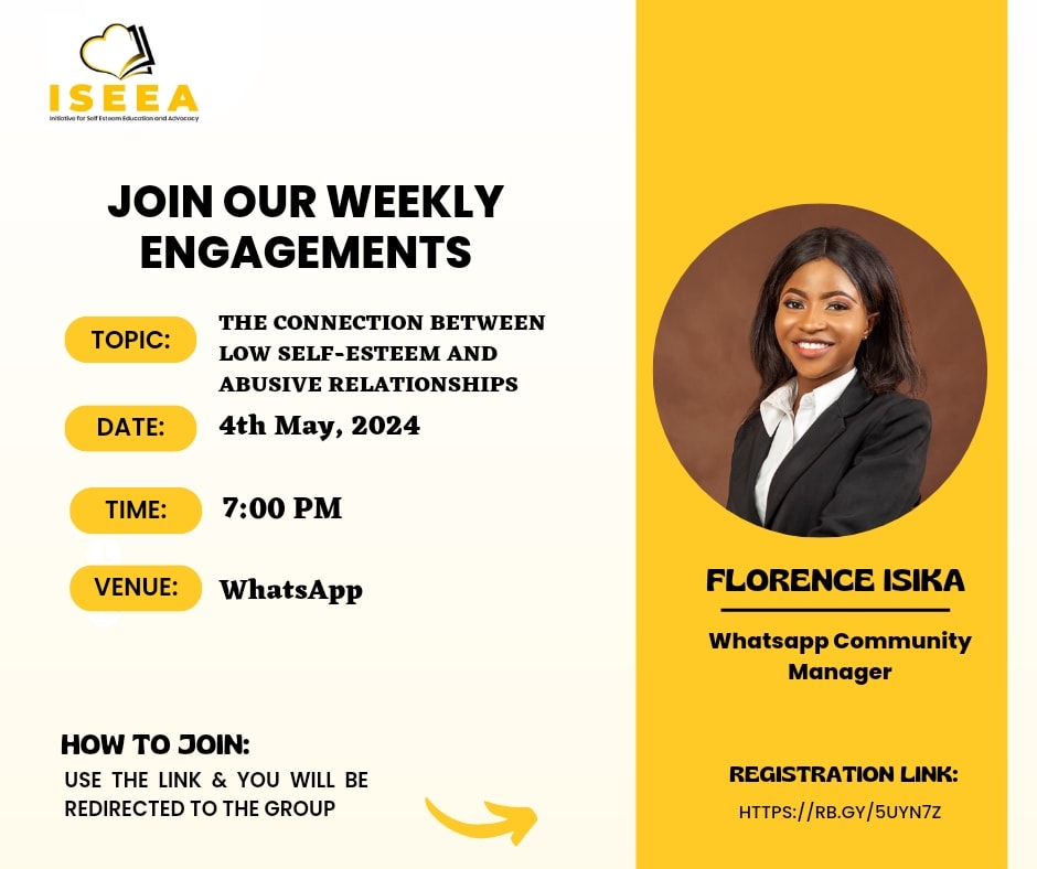 Join us this evening for another exciting discussion on 'The Connection Between Low Self Esteem and Abusive Relationships.'🎉

Time: 7pm WAT
Venue: Closed WhatsApp group

Use the link to join the group: rb.gy/5uyn7z. 

Don't miss it! 🥳 

#sdg3  #groupdiscussions