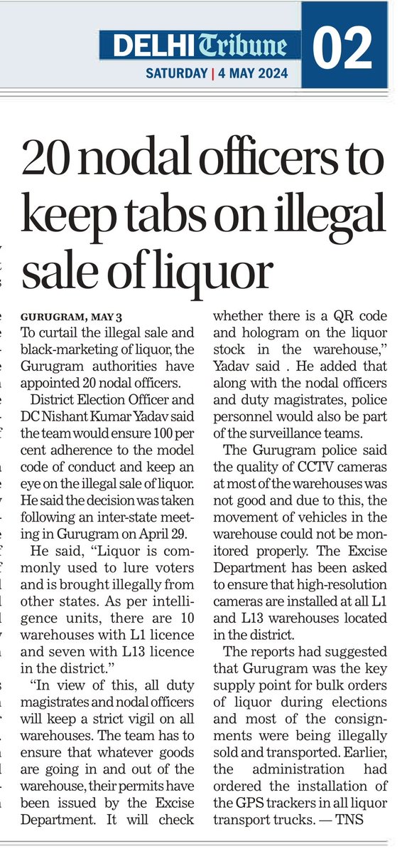 20 nodal officers to keep tabs on illegal sale of liquor in #Gurgaon #Gurugram @DC_Gurugram @nishantyadavIAS @ceoharyana @diprogurugram1 #LokasabhaElection2024 #Haryana tribuneindia.com/news/haryana/2…