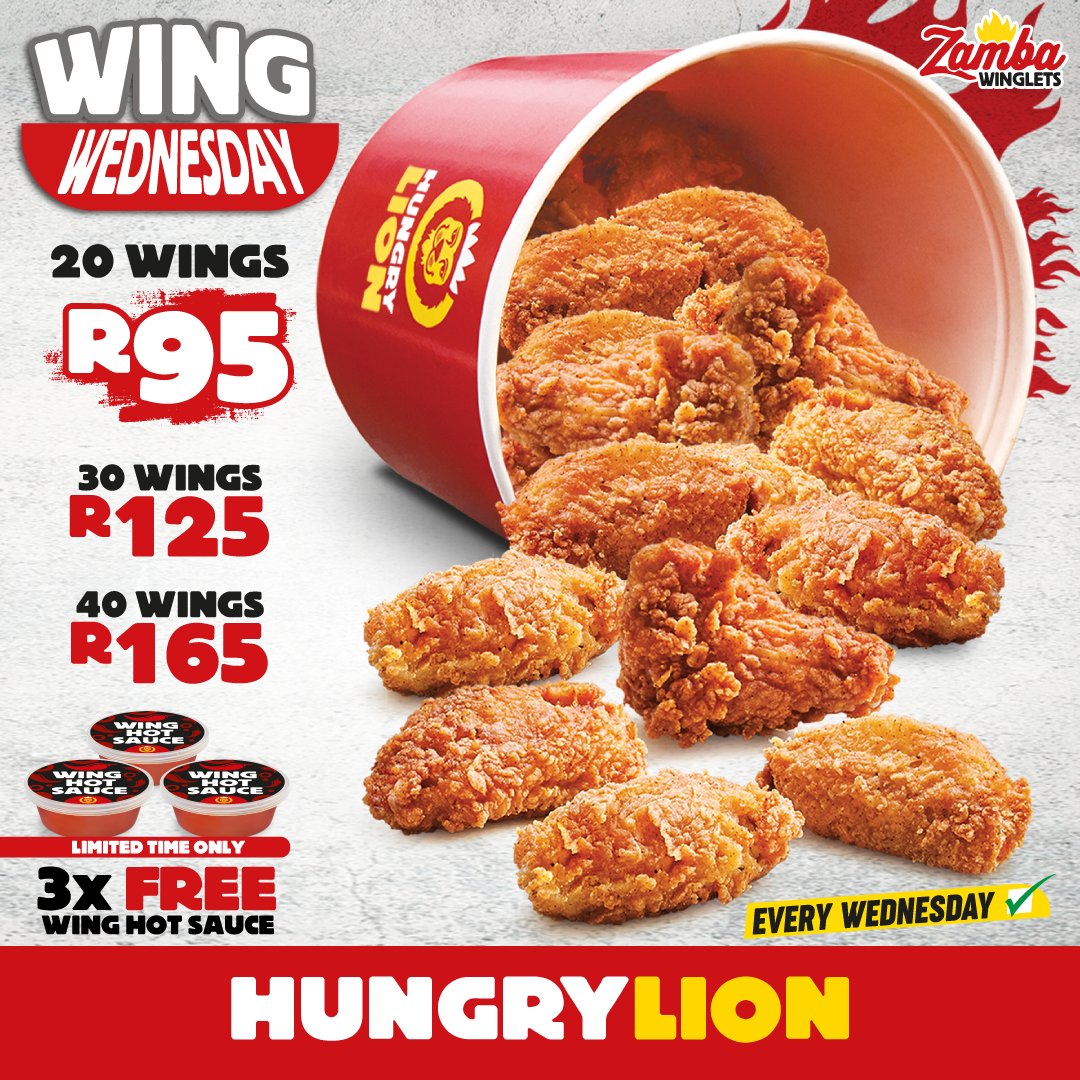 You had me at #WingWednesday 💘😍  Set my world on fire with #HungryLionWingDeals: 20 wings 🔥 R95 30 wings 🔥🔥 R125 40 wings 🔥🔥🔥 R165