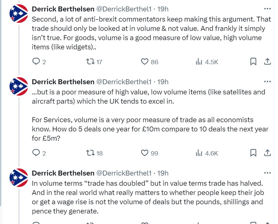 I see this thread by @DerrickBerthel1 has been endorsed by @KemiBadenoch, @michaelgove, @DavidGHFrost, @mrianleslie, @danielmgmoylan etc. This discussion of the key point - 'values' vs 'volumes' - is just unmitigated, ignorant garbage. Not even wrong.