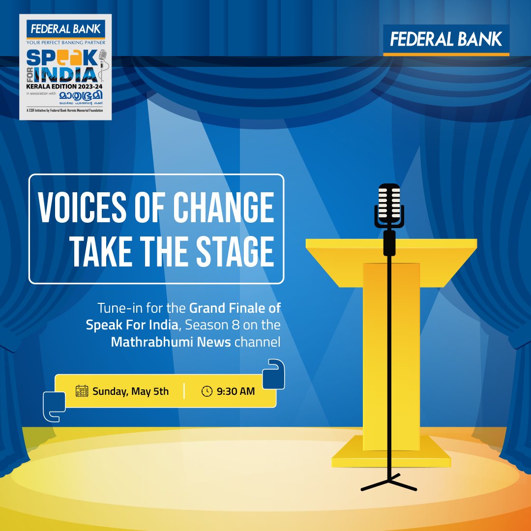 Prepare to be inspired, prepare to be enlightened! Don’t miss the Grand Finale of Speak For India, Season 8  on the @mathrubhumi News channel.

#FederalBank #SpeakForKerala