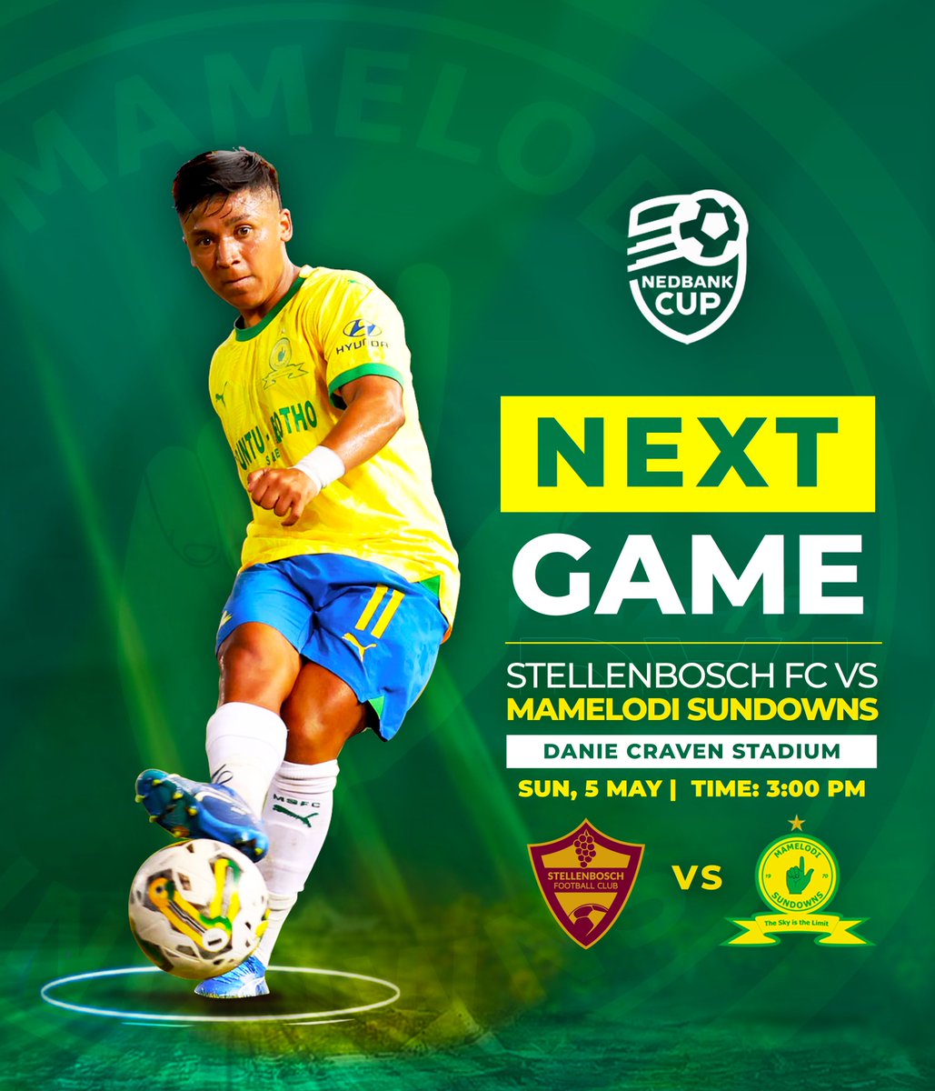 The Brazilians are off to the Western Cape to do battle for a place in the #NedbankCup final! 👆 ⚽ Stellenbosch FC vs Mamelodi Sundowns 📅 05 May ⏰ 15H00 🏟 Danie Craven Stadium 🏆 Nedbank Cup 📺 SS 202 #Sundowns #NedbankCup