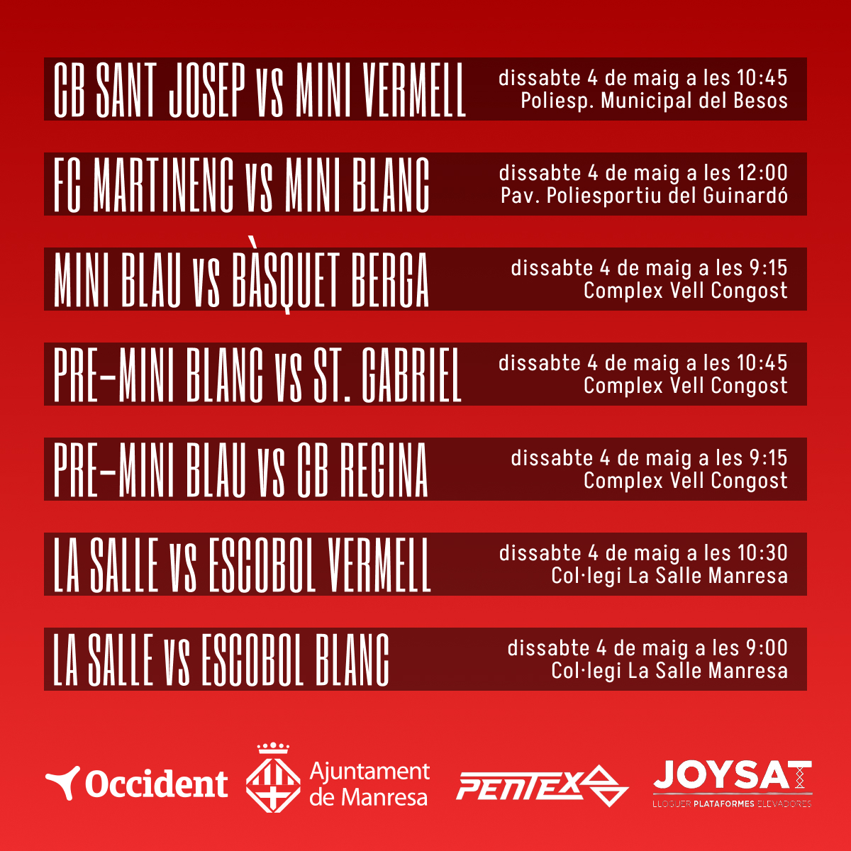 📅 Partits de la setmana 🏅 A les 11:30 el Júnior A juga pel tercer lloc del Campionat d'Espanya amb el Zentro Basket 🏀 El Cadet A a les 18:10 juga el primer partit de la F4 del Campionat de Catalunya que dona accés al Campionat d'Espanya 💪 Molta sort nois! #MadeinManresa