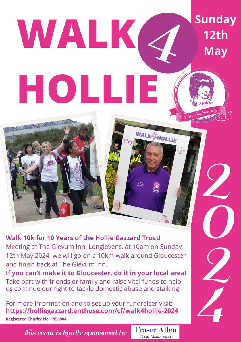 💜 Last chance to order your Walk4Hollie t-shirts or polo shirts! 👉 T-shirts are £18 (incl VAT) 👉 Polo Shirts are £21 (incl VAT) Visit: buff.ly/3xTTTXG 🥾 Walk4Hollie Sunday 12th May 10am 📌 The Glevum Inn, Longlevens 🙏 Sponsored by Fraser Allen Estate Management