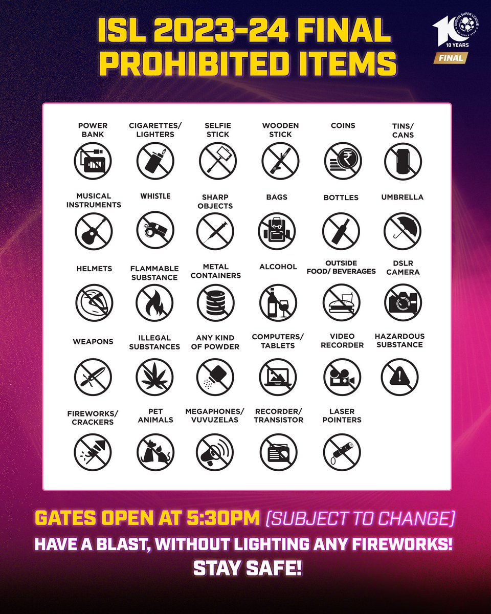 🚨 𝗜𝗠𝗣𝗢𝗥𝗧𝗔𝗡𝗧 𝗔𝗡𝗡𝗢𝗨𝗡𝗖𝗘𝗠𝗘𝗡𝗧 🚨 For a seamless stadium experience, please do not carry these items ahead of tonight's #ISLFinal! #MBSGMCFC #ISL #ISL10 #LetsFootball #ISLPlayoffs #MBSG #MumbaiCityFC | @Sports18