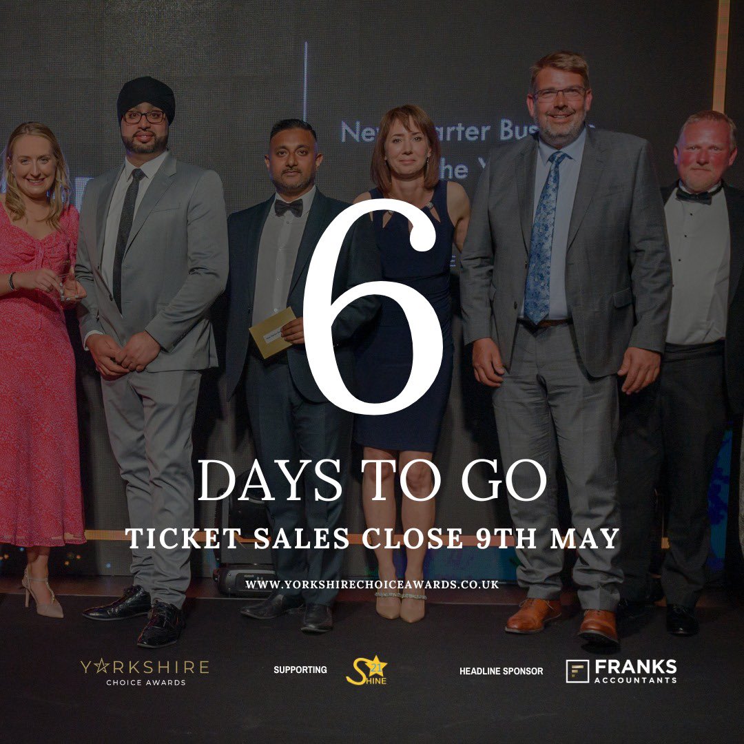 ⏳ Time's ticking! Only 6 days left to secure your tickets for our Yorkshire Choice Awards and cheer on our local heroes! Don't wait until it's too late – book now to be part of the excitement! 🎟️✨ Click here to see the options on tables and tickets: yorkshirechoiceawards.co.uk/tickets