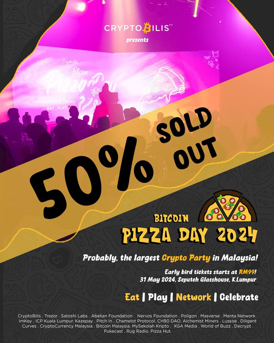 Jom Pizza Day 2024. 

Probably the biggest Bitcoin Pizza Day celebration in Malaysia!

Event Details
Date: 31 May 2024
Location: Glasshouse at Seputeh, Kuala Lumpur