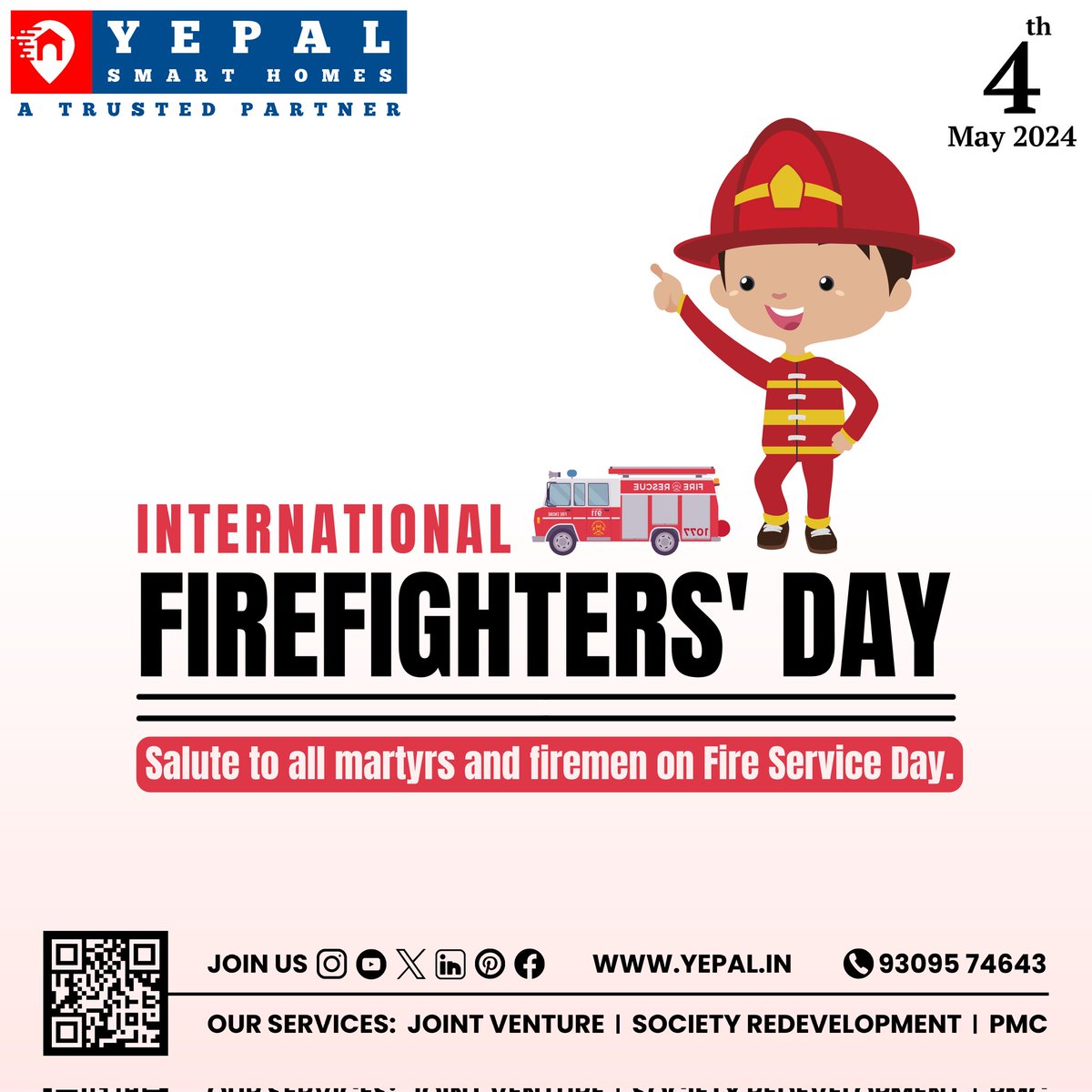 🚒Happy International Firefighter's Day👨‍🚒
#yepalsmarthomes #yepalsocietyredevelopment #yepalconstruction #yepalhousingdeveloper #punepropertyportal 
#InternationalFirefighterDay #BraveHeroes #ThankYouFirefighters #FirstResponderAppreciation #EverydayHeroes #FirefighterDay