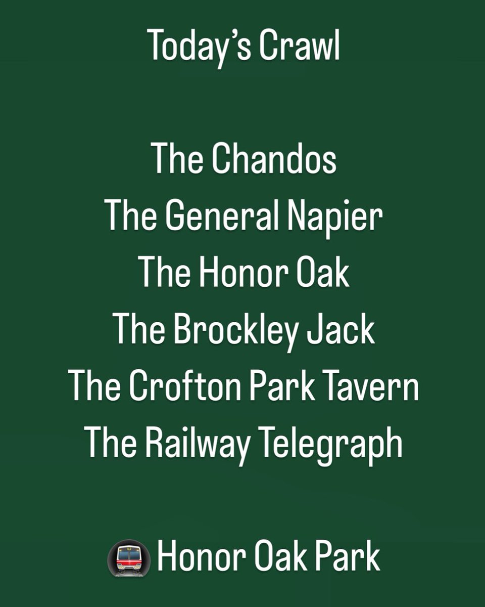 Today’s Crawl is around a bit of Forest Hill, Honor Oak and the southern end of Brockley. 

The Chandos
The General Napier
The Honor Oak
The Brockley Jack
The Crofton Park Tavern
The Railway Telegraph 

🚇 Honor Oak Park

#pubcrawl #southlondon #supportyourlocal #londonpubs