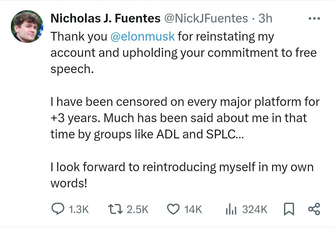 Musk has finally reinstated Fuentes, closing one of the major gaps in his efforts to remake Twitter as a home for Neo Nazis, conspiracies, white supremacists, anti-Semites and the rest...