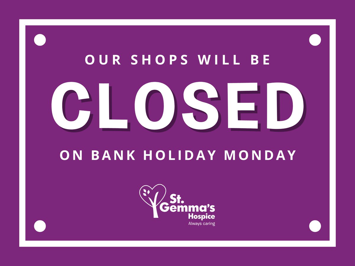 Our #CharityShops will be closed on Mon 6 May for the bank holiday 💜 We're open as usual until then!

➡️ Visit st-gemma.co.uk/shops for our regular opening hours
🙏 Please remember we can only accept your generous donations when our shops are open - don't leave items outside!