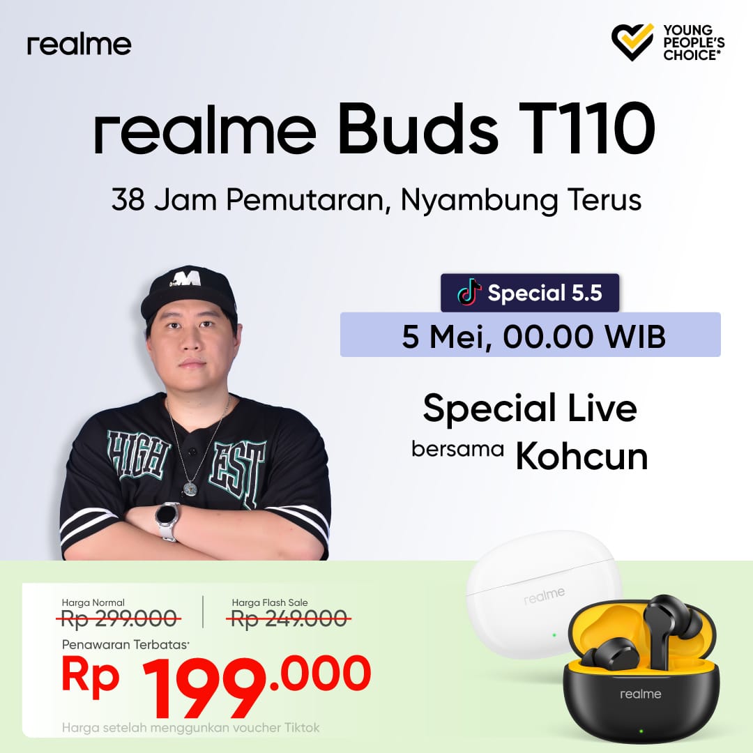 #realmeBudsT110 SPECIAL LIVE WITH @kohcun ⚡️

Pengen dapetin TWS terbaik di kelasny dengan harga spesial? Tonton LIVE di TikTok pada 5 Mei 2024 pkl. 00.00 WIB. 

Tonton di sini: bit.ly/LIVEwithKohCun

Stay tuned! 🙌🏻