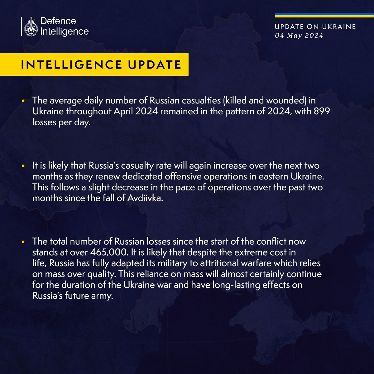 Latest Defence Intelligence update on the situation in Ukraine – 04 May 2024. Find out more about Defence Intelligence's use of language: ow.ly/cF7050RwpHl #StandWithUkraine 🇺🇦