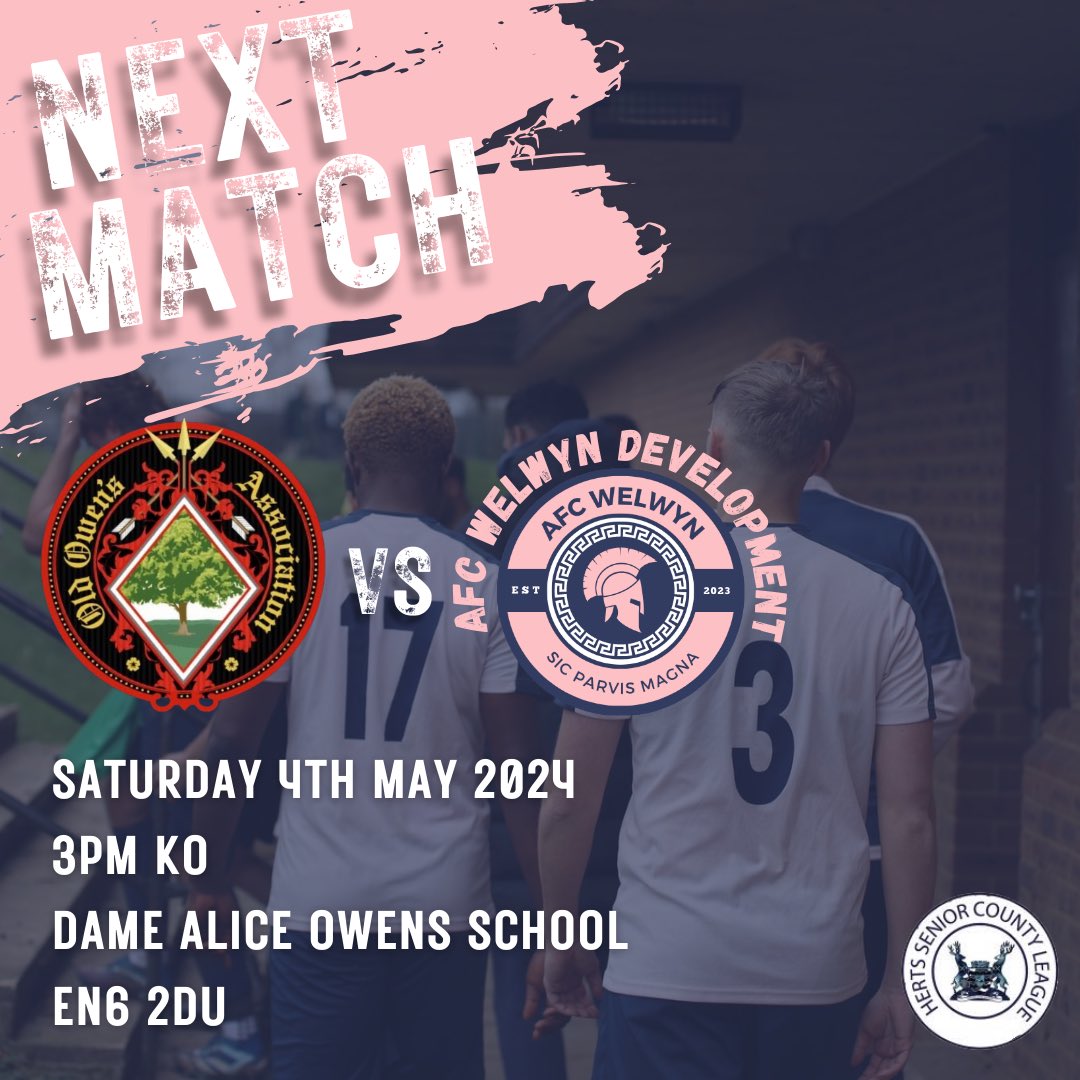 We play away against @owens_fc today in the @hscfl ⚽️💙 🩷 📅 Saturday 4th May 2024 ⏰ 3pm KO 🗺️ EN6 2DU #afcwelwyn #afcwelwyndevelopment #uptheromans