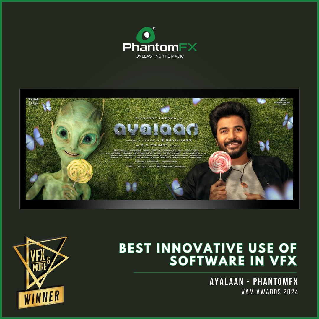 Yet another win in the books of #PhantomFX as '#Ayalaan“ shines bright at the #VAMSummit 2024, claiming victory not one, not two, but in four categories!🏆 #VFX #VFXByPhantom #awards #vamawards #Phantomites #GetPhantomed