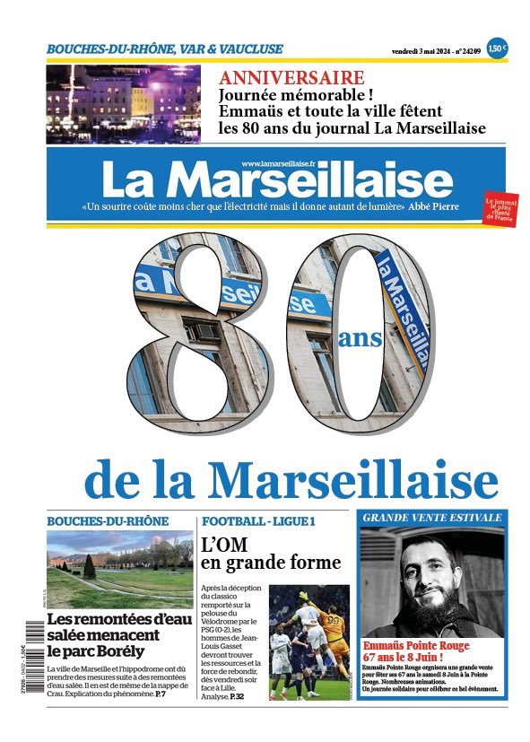 🎉 Joyeux anniversaire au journal @lamarsweb pour ses 8️⃣0️⃣ ans, et longue vie!

Nécessité de faire vivre le pluralisme de la Presse, pour faire gagner les idées de progrès social!✊

#LaMarseillaise80ans