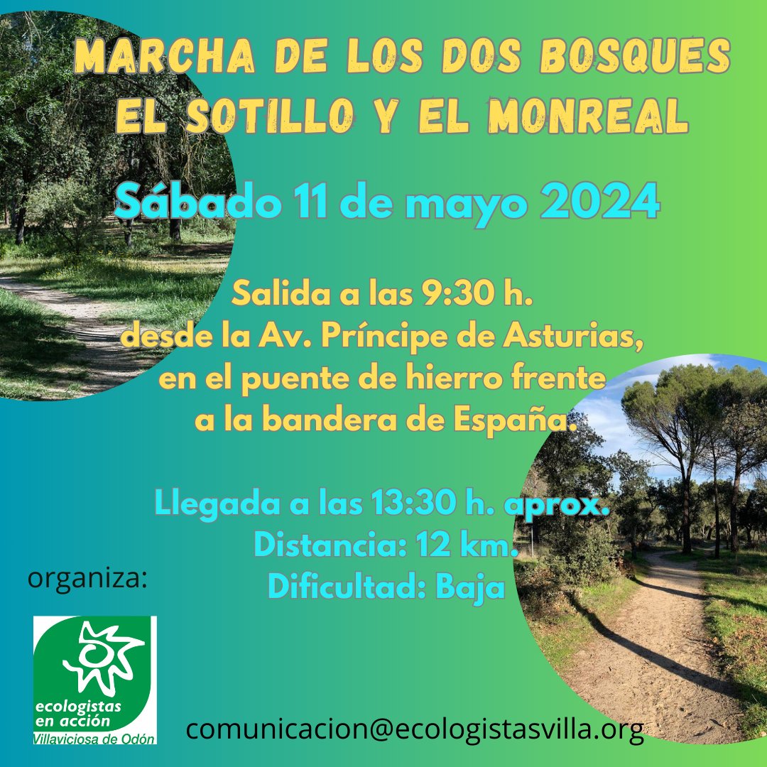 #MarchaPorLosDosBosques🌳🌳🚶🏻‍♀️🚶🏻🐕
El sábado 11 de mayo Ecologistas en Acción de Villaviciosa de Odón te invita a la marcha anual por los Bosques de nuestro municipio, este año serán dos, el Sotillo 🌳y el Monreal🌳. Más info en el cartel👇
🌳Te esperamos🌳