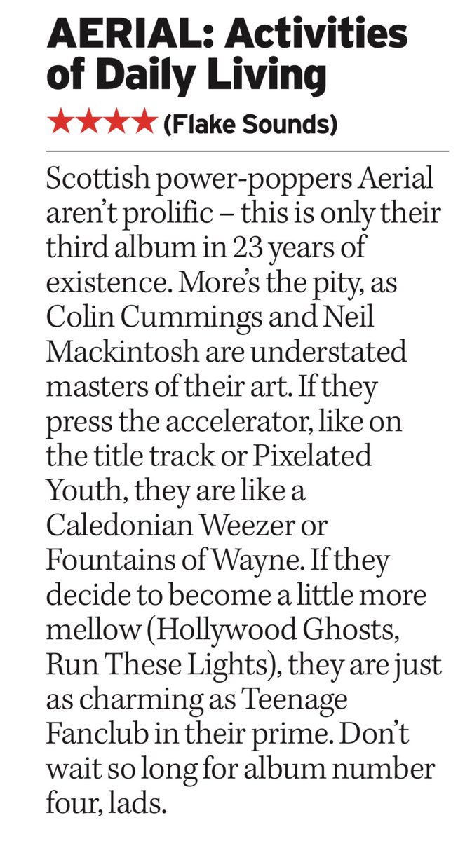 Activities of Daily Living ⭐️⭐️⭐️⭐️
“…understated masters of their art… just as charming as Teenage Fanclub in their prime.”

Thanks @DavidEsson1 for the review in yesterday’s @ScotExpress 🙌❤️

#powerpop #NewAlbum