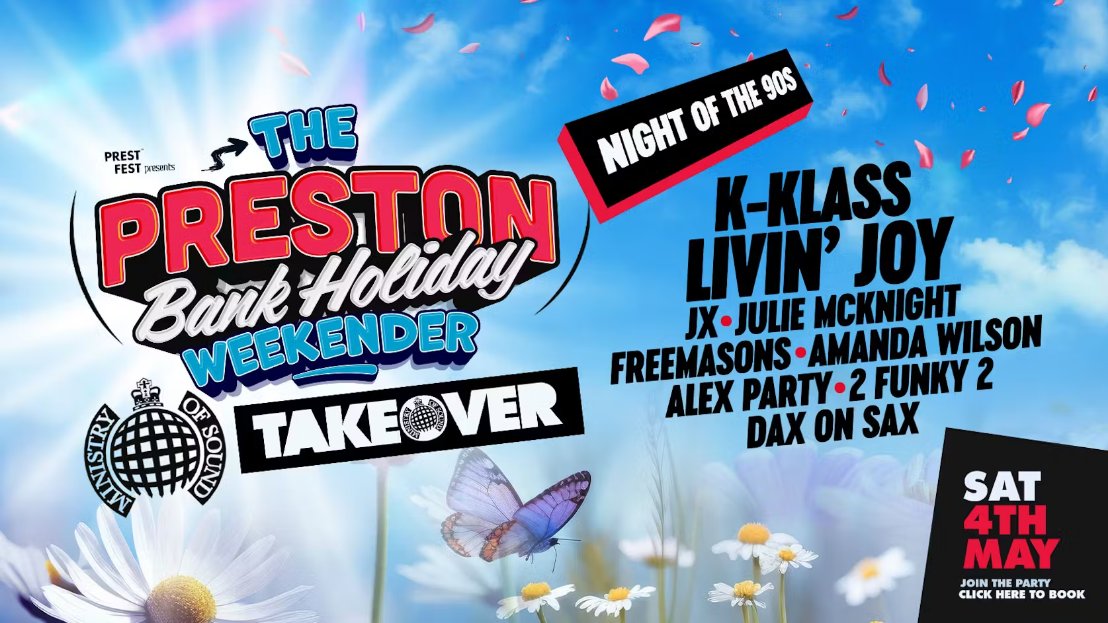 The Preston Bank Holiday Weekender starts today! 🎉 A huge outdoor party featuring a Ministry of Sound Takeover show and performances from Graeme Park, Freemasons and Julie McKnigh. 📅4 and 5 May at The Flag Market 🎟️ pulse.ly/qe50doy43y @BIDPreston