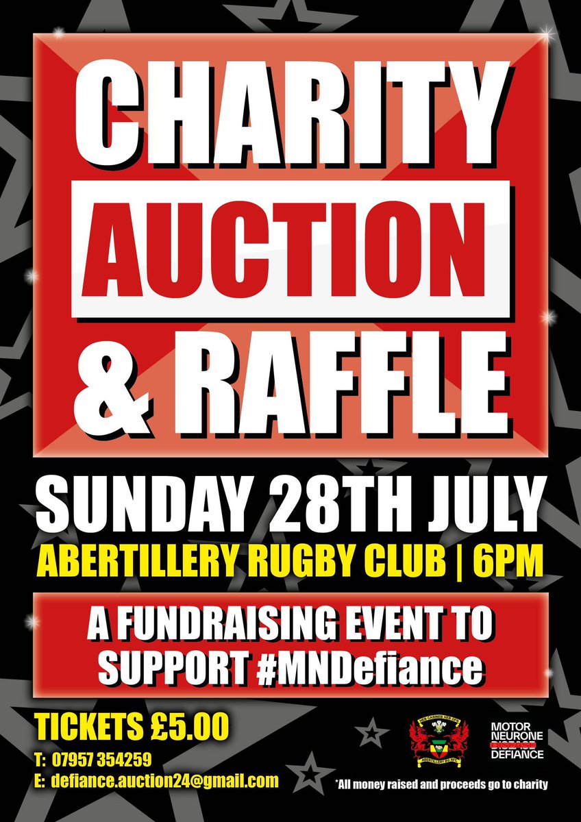 SHARE AND REPOST! CHARITY AUCTION AND RAFFLE TO RAISE MONEY FOR MNDEFIANCE TRUST! IF ANYONE HAS ANY MEMORABILIA THEY WANT TO DONATE OR WANTS TO BUY TICKETS FOR THE EVENT MESSAGE ME OR MESSAGE CONTACTS ON POSTER👍🏽👊🏽 LETS RAISE LOADS FOR MND AWARENESS❤️❤️❤️